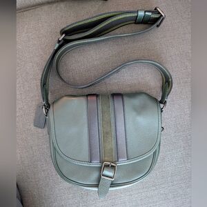 Coach Green Leather Messenger Bag with Dark Stripe Accents